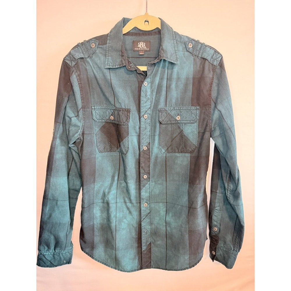 Rock & Republic Shirt Mens Small Green Plaid Long Sleeve Button Up Cotton Casual